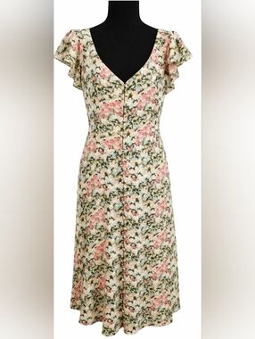 LOFT Floral Midi Dress Button Front Cottagecore Feminine Romantic Spring Sz 8